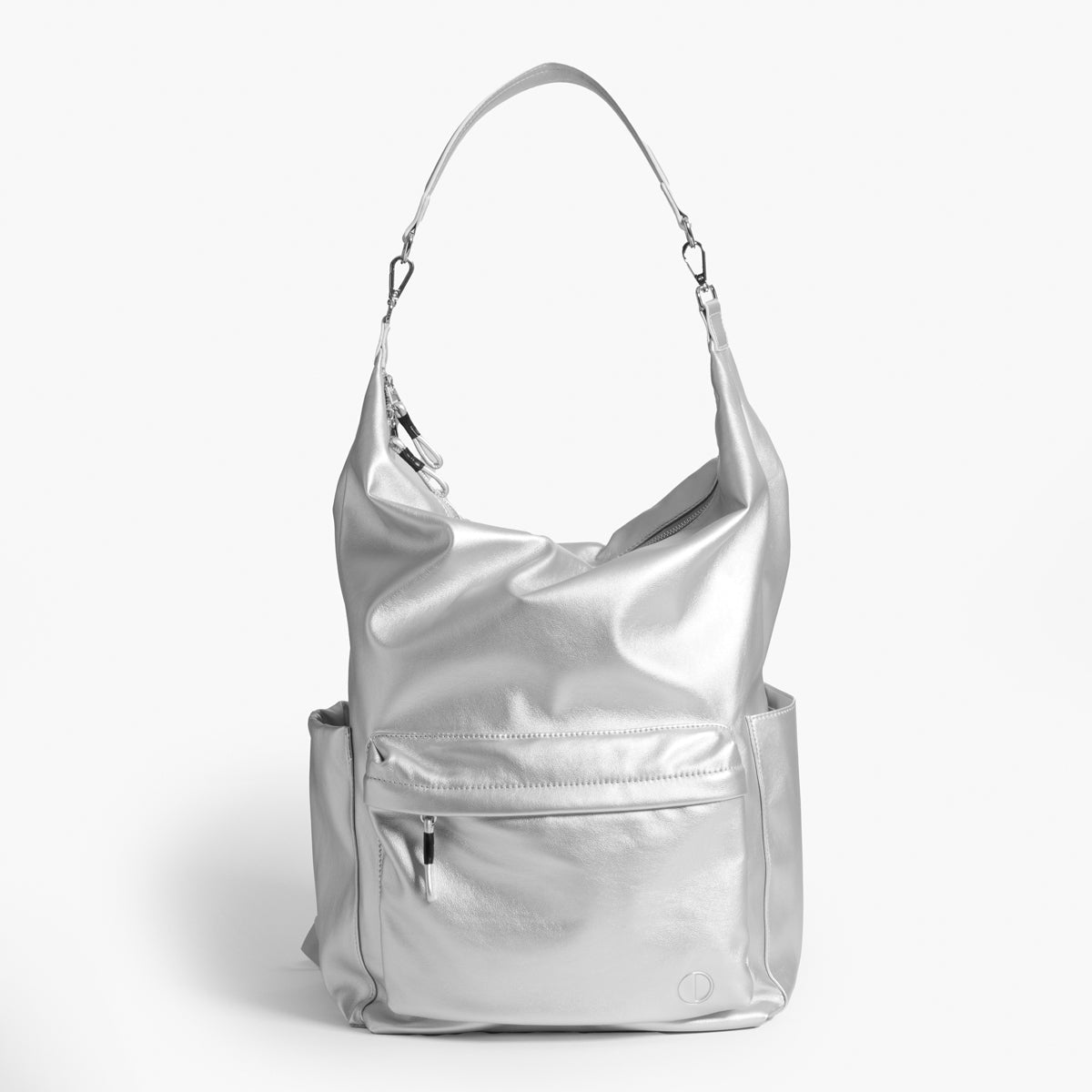 Practice Karma Backpack in Silver color front of bag shoulder strap extended