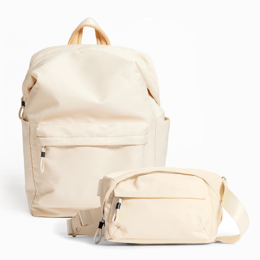 Practice The Take Out Karma Set in Tofu cream color Karma Backpack and Phase Sling Pack belt bag set