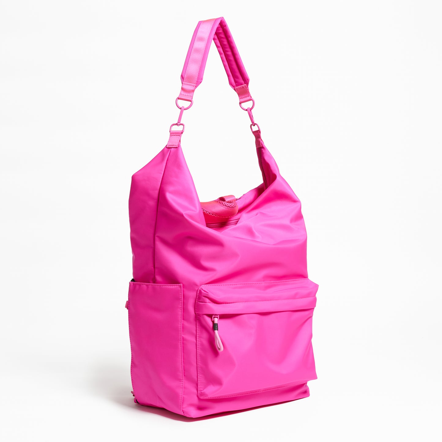 Practice The Karma Backpack in Dragonfruit hot pink color side angle shoulder strap extended