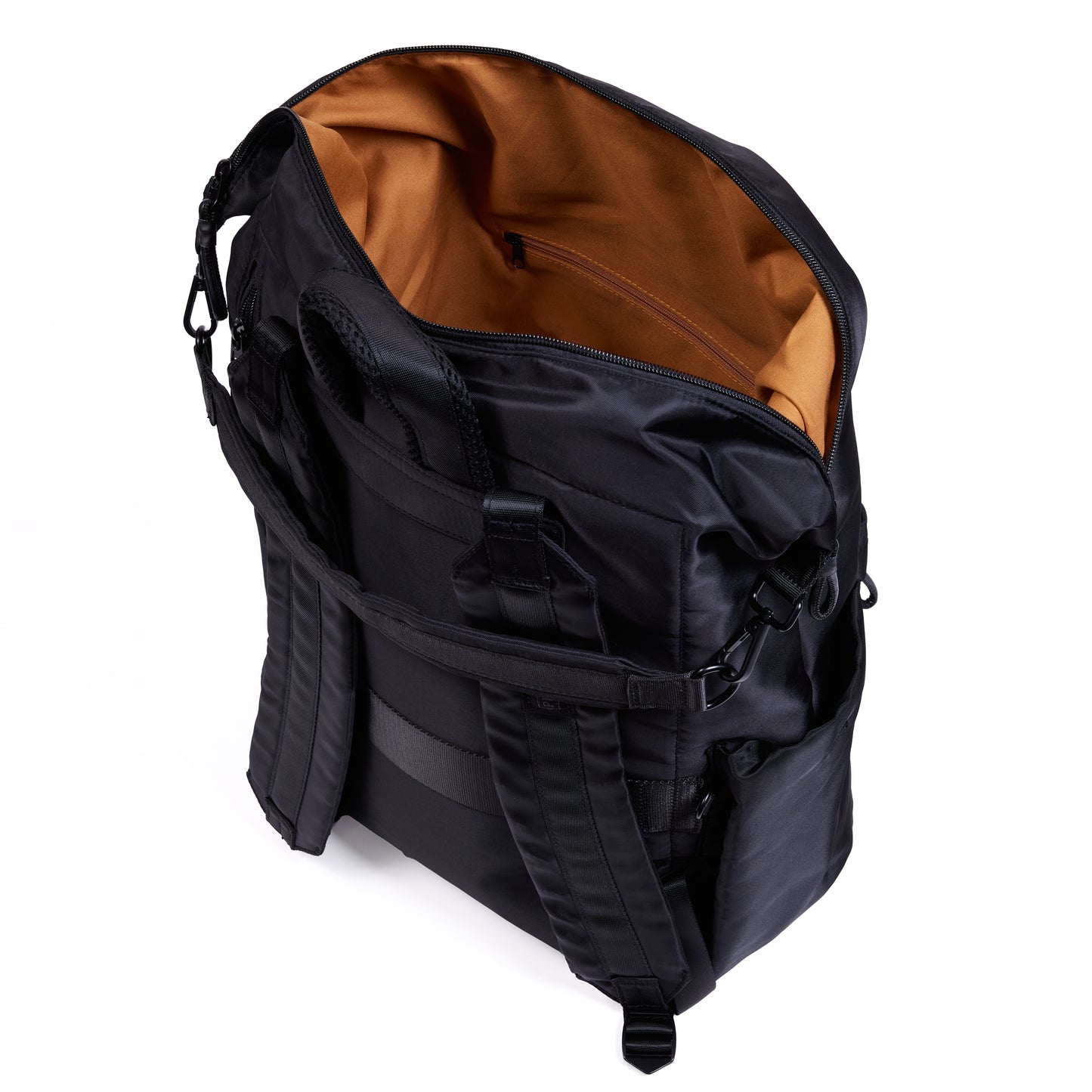 Karma Black Nylon Backpack with top zipper open showing tan brown interior
