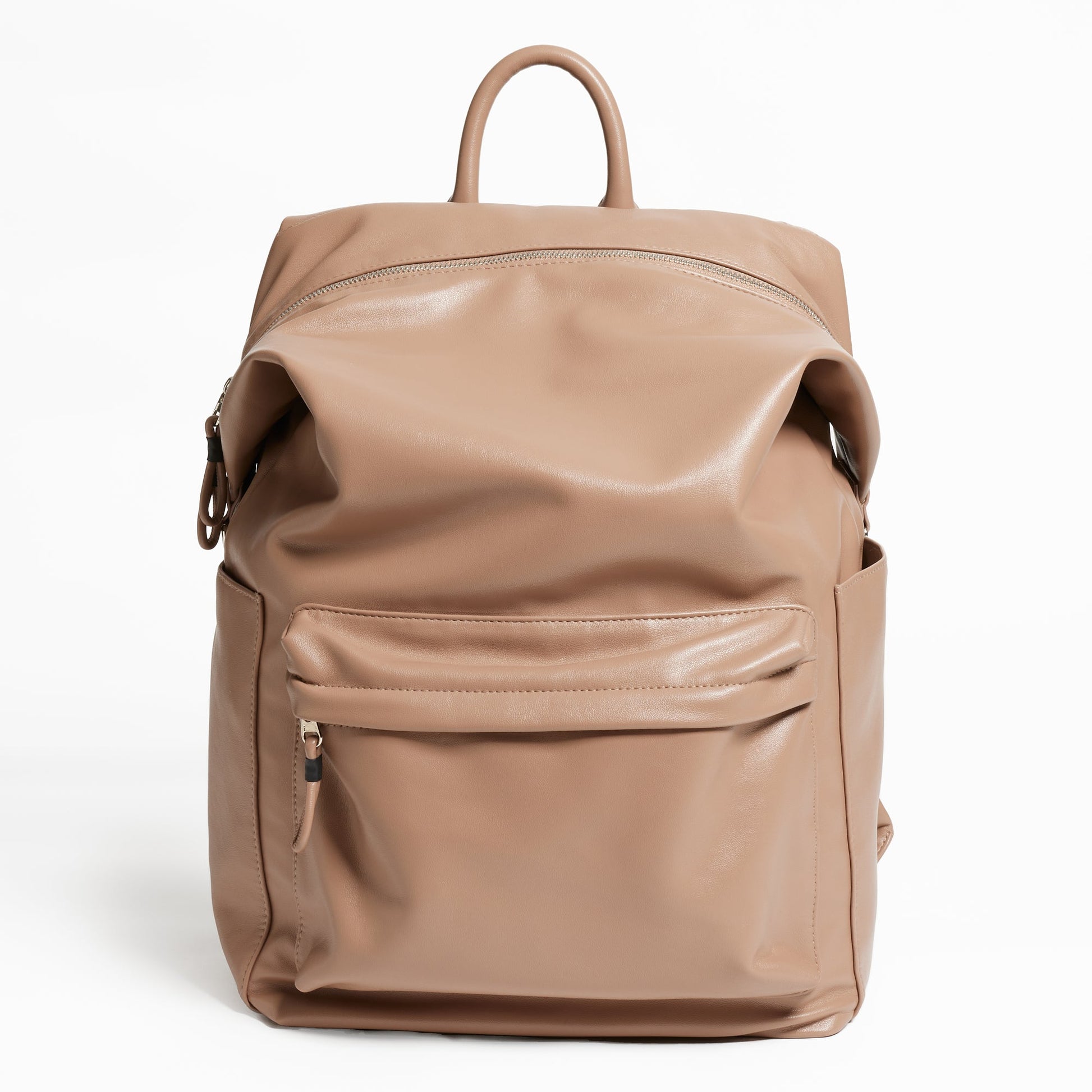 Front Facing view of the Karma Backpack in Mushroom colored Vegan Leather. Backpack has a top handle and a convertible strap to carry your backpack as a tote for easy grab and go!